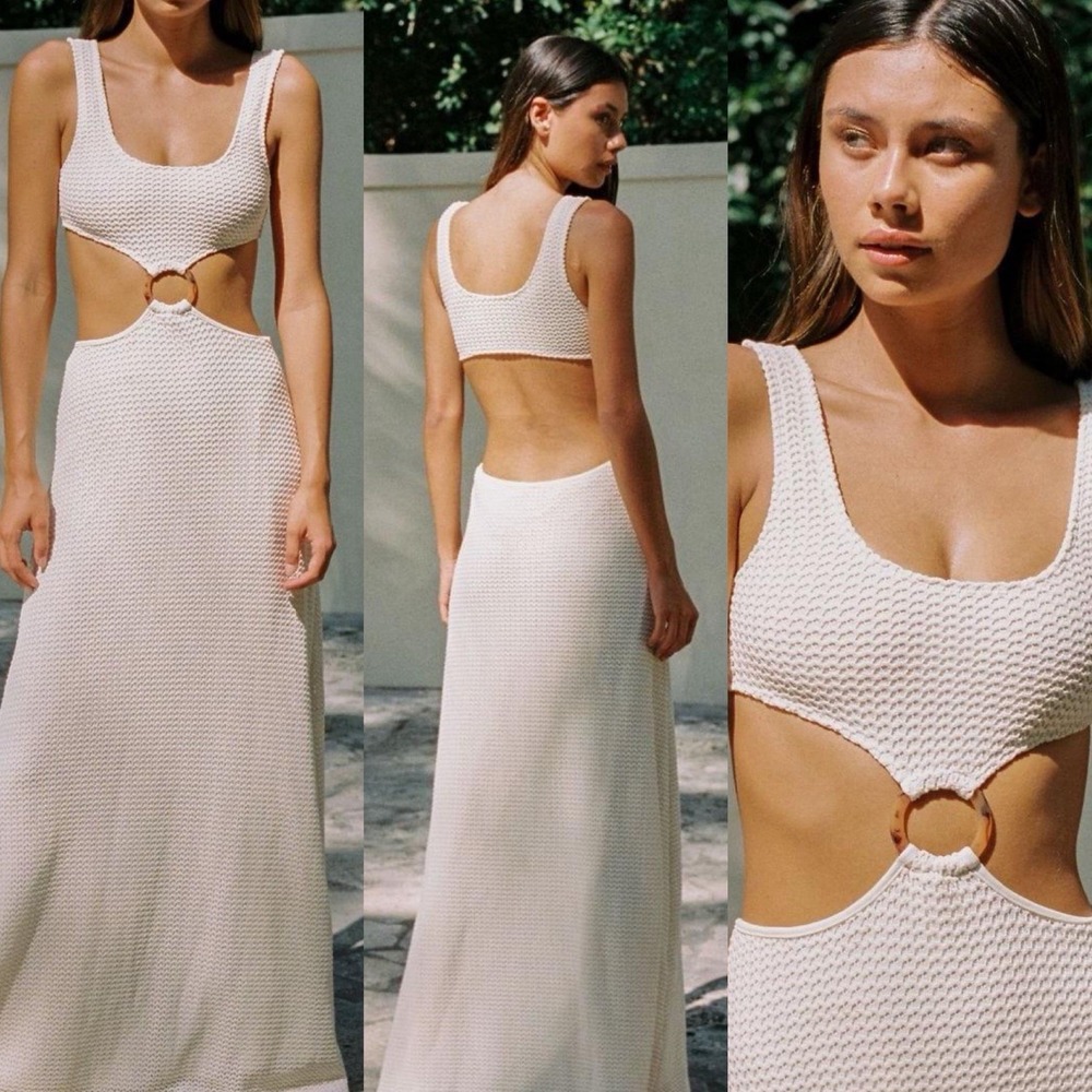 MONTCE Bone Crochet Ky Dress O-Ring Swim Beach Preppy Ivory Maxi M NWT